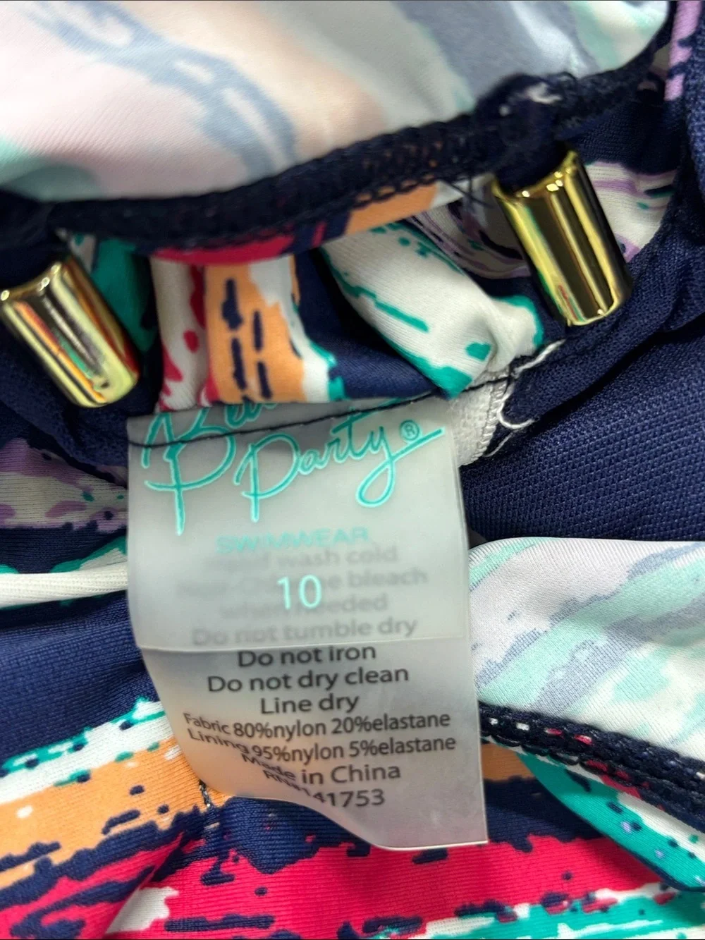 Beach Party side gold beading and plunge  back NWT lined swimsuit size 10